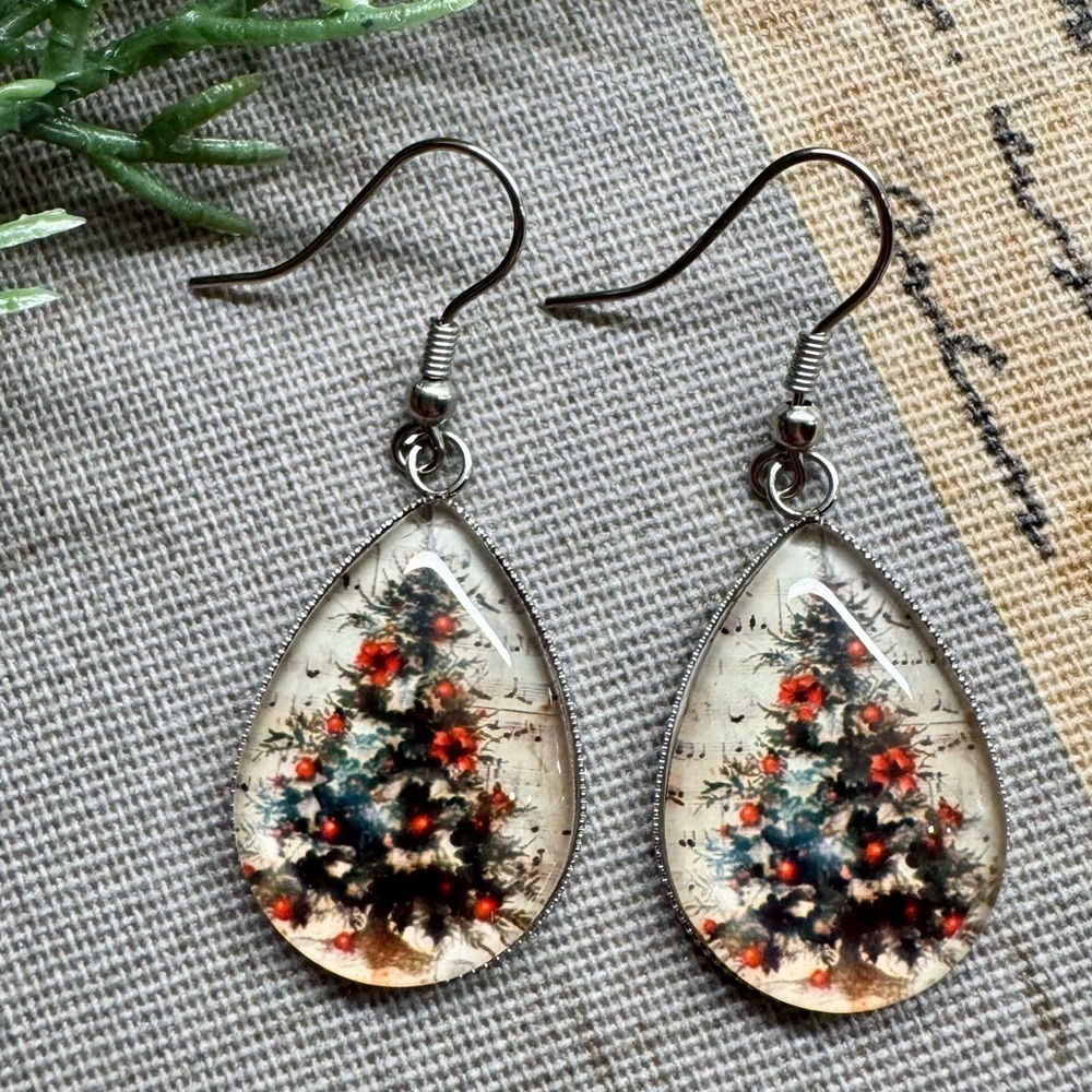 New Vintage Style Christmas Tree & Sheet Music Cabochon Teardrop Earrings 1.75”